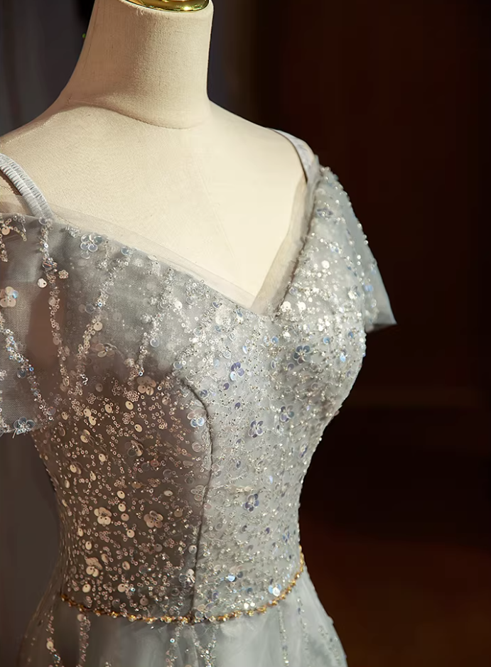 Hot Girls A-Line Off-Shoulder Evening Gowns Glittering Sequins Beads Prom Dress AP5890