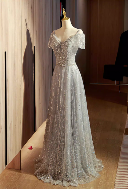 Hot Girls A-Line Off-Shoulder Evening Gowns Glittering Sequins Beads Prom Dress AP5890