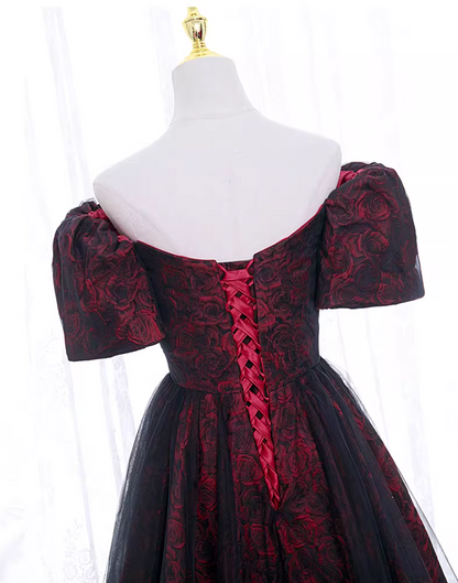 Gen Z Style A-Line Off-Shoulder Evening Gowns Floral Tulle Prom Dress AP5891