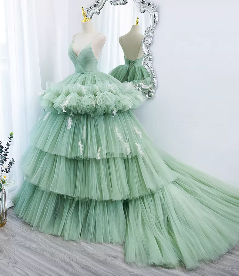 Hottie A-Line Spaghetti Strap Evening Gowns Feather Tiered Tulle Prom Dress AP5892
