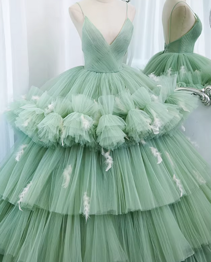 Hottie A-Line Spaghetti Strap Evening Gowns Feather Tiered Tulle Prom Dress AP5892