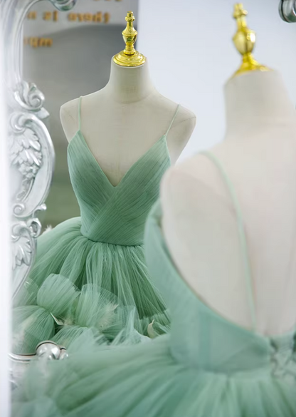 Hottie A-Line Spaghetti Strap Evening Gowns Feather Tiered Tulle Prom Dress AP5892