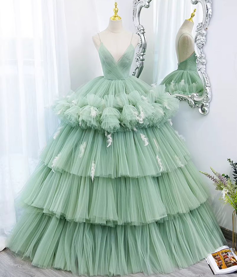 Hottie A-Line Spaghetti Strap Evening Gowns Feather Tiered Tulle Prom Dress AP5892
