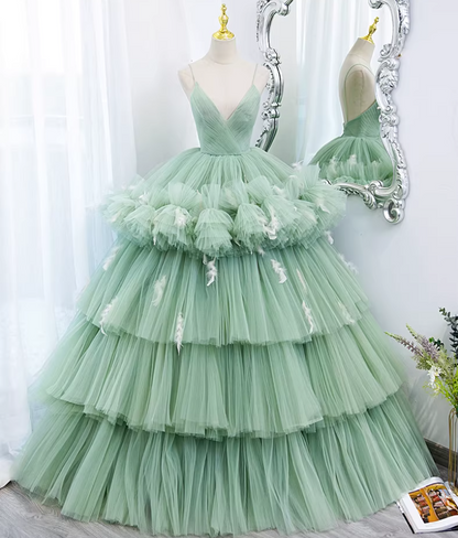 Hottie A-Line Spaghetti Strap Evening Gowns Feather Tiered Tulle Prom Dress AP5892