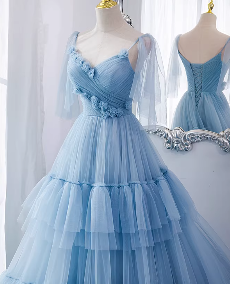 Casual A-Line Spaghetti Strap Evening Gowns 3D Appliques Tulle Prom Dress AP5893