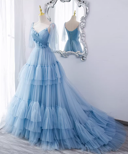 Casual A-Line Spaghetti Strap Evening Gowns 3D Appliques Tulle Prom Dress AP5893