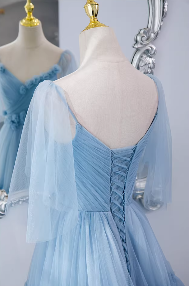 Casual A-Line Spaghetti Strap Evening Gowns 3D Appliques Tulle Prom Dress AP5893