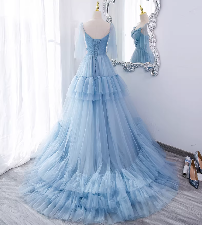 Casual A-Line Spaghetti Strap Evening Gowns 3D Appliques Tulle Prom Dress AP5893