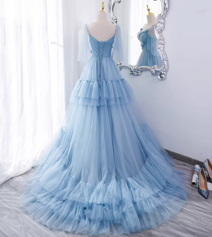 Casual A-Line Spaghetti Strap Evening Gowns 3D Appliques Tulle Prom Dress AP5893