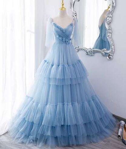 Casual A-Line Spaghetti Strap Evening Gowns 3D Appliques Tulle Prom Dress AP5893