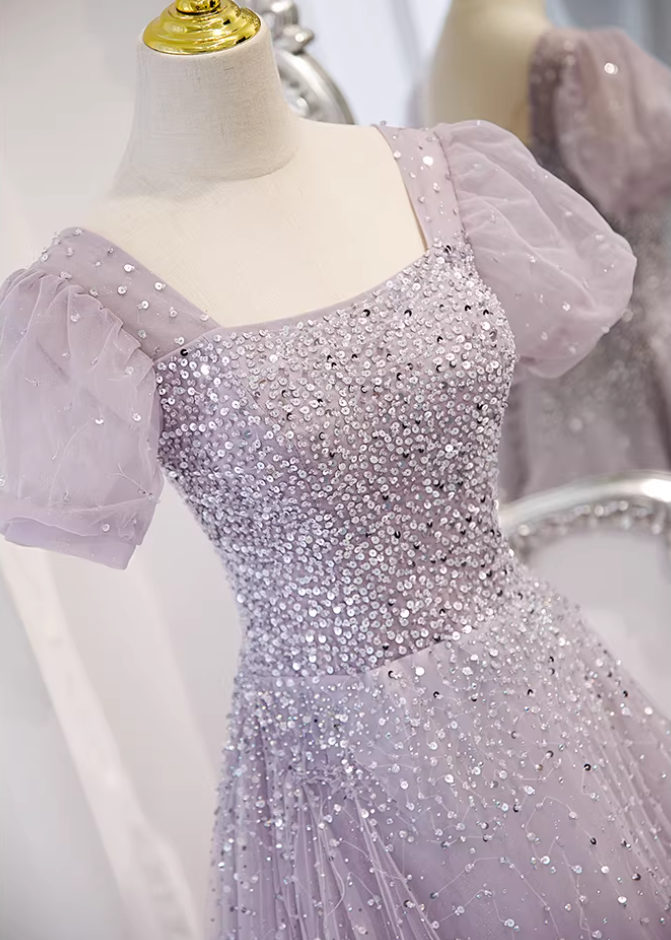 Y2K Style Square Neck A-Line Sweet 16th Gowns Short Puff Sleeve Sequins Tulle Prom Dress AP5894