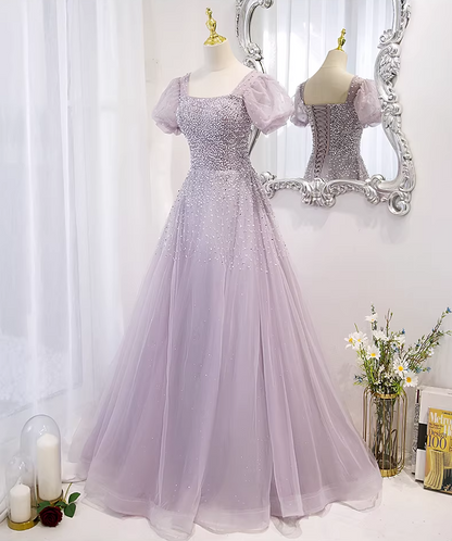 Y2K Style Square Neck A-Line Sweet 16th Gowns Short Puff Sleeve Sequins Tulle Prom Dress AP5894