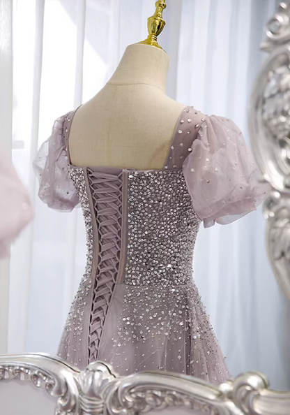 Y2K Style Square Neck A-Line Sweet 16th Gowns Short Puff Sleeve Sequins Tulle Prom Dress AP5894