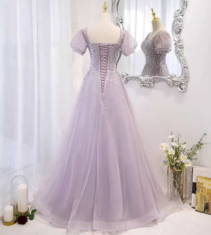 Y2K Style Square Neck A-Line Sweet 16th Gowns Short Puff Sleeve Sequins Tulle Prom Dress AP5894