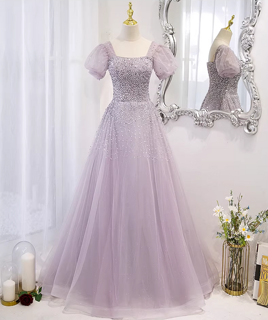 Y2K Style Square Neck A-Line Sweet 16th Gowns Short Puff Sleeve Sequins Tulle Prom Dress AP5894