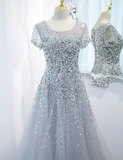 Retro Jewel Neck A-Line Sweet 16th Gowns Short Sleeve Sequins Prom Dress AP5895
