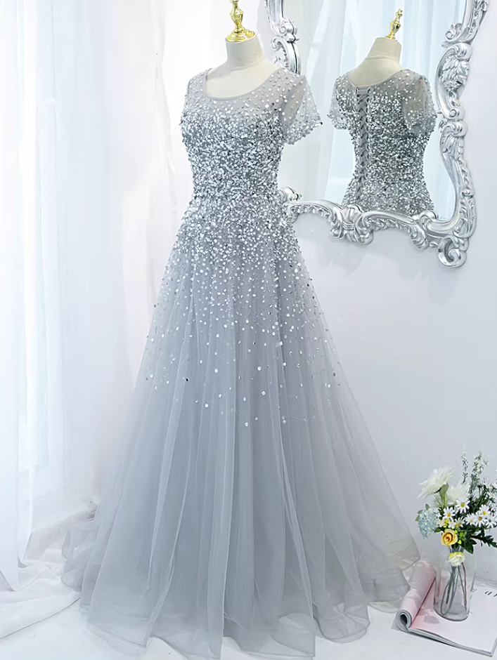 Retro Jewel Neck A-Line Sweet 16th Gowns Short Sleeve Sequins Prom Dress AP5895