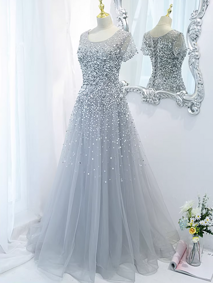 Retro Jewel Neck A-Line Sweet 16th Gowns Short Sleeve Sequins Prom Dress AP5895