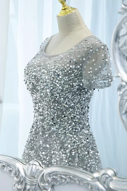 Retro Jewel Neck A-Line Sweet 16th Gowns Short Sleeve Sequins Prom Dress AP5895