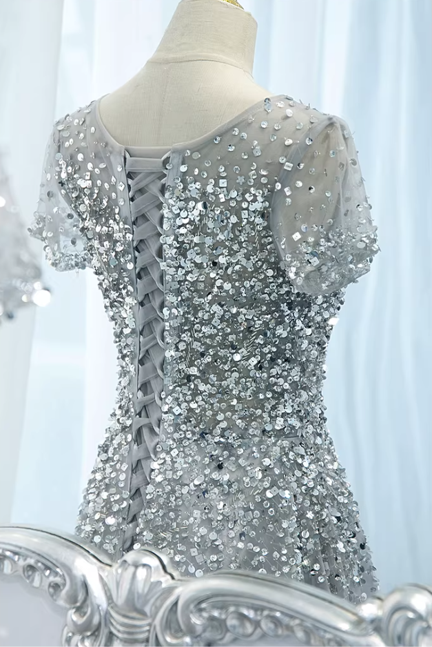 Retro Jewel Neck A-Line Sweet 16th Gowns Short Sleeve Sequins Prom Dress AP5895