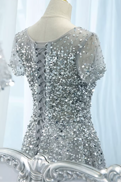 Retro Jewel Neck A-Line Sweet 16th Gowns Short Sleeve Sequins Prom Dress AP5895