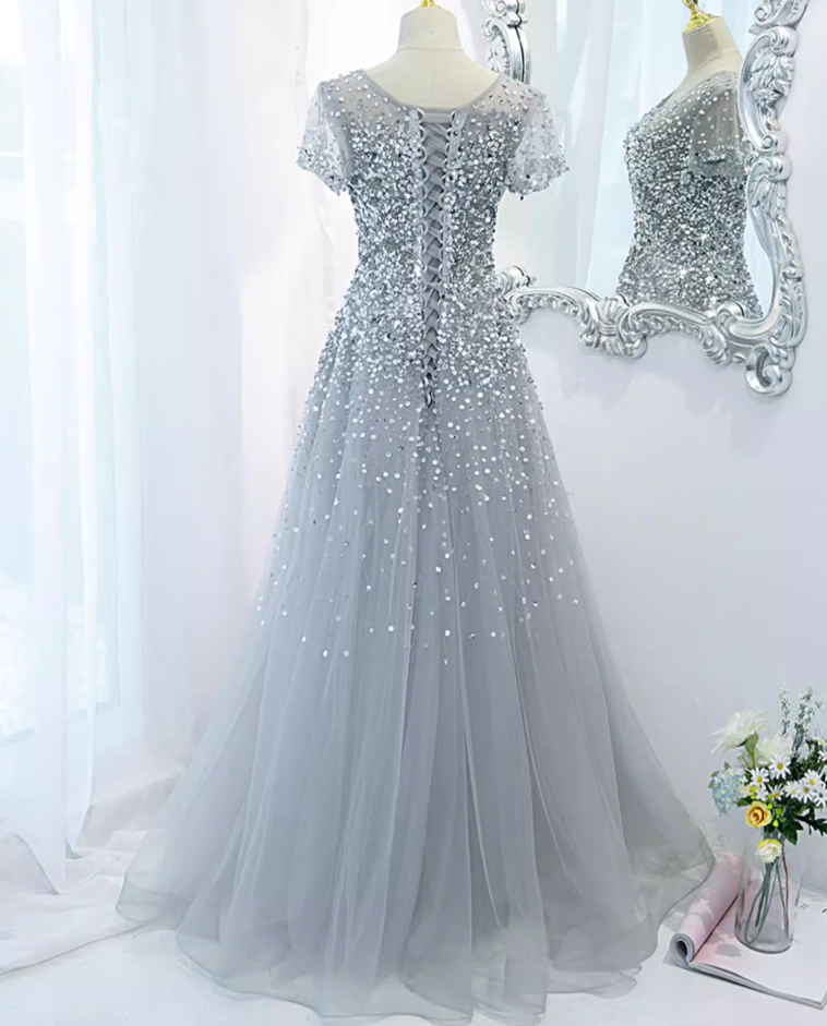Retro Jewel Neck A-Line Sweet 16th Gowns Short Sleeve Sequins Prom Dress AP5895