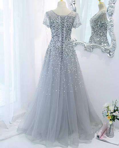 Retro Jewel Neck A-Line Sweet 16th Gowns Short Sleeve Sequins Prom Dress AP5895