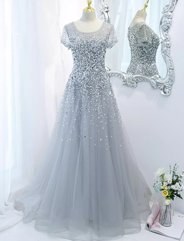 Retro Jewel Neck A-Line Sweet 16th Gowns Short Sleeve Sequins Prom Dress AP5895