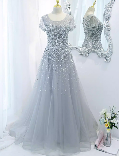 Retro Jewel Neck A-Line Sweet 16th Gowns Short Sleeve Sequins Prom Dress AP5895
