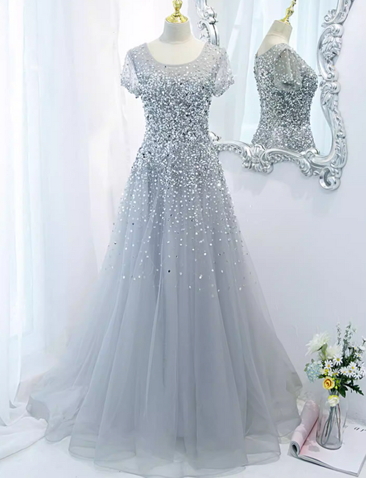 Retro Jewel Neck A-Line Sweet 16th Gowns Short Sleeve Sequins Prom Dress AP5895