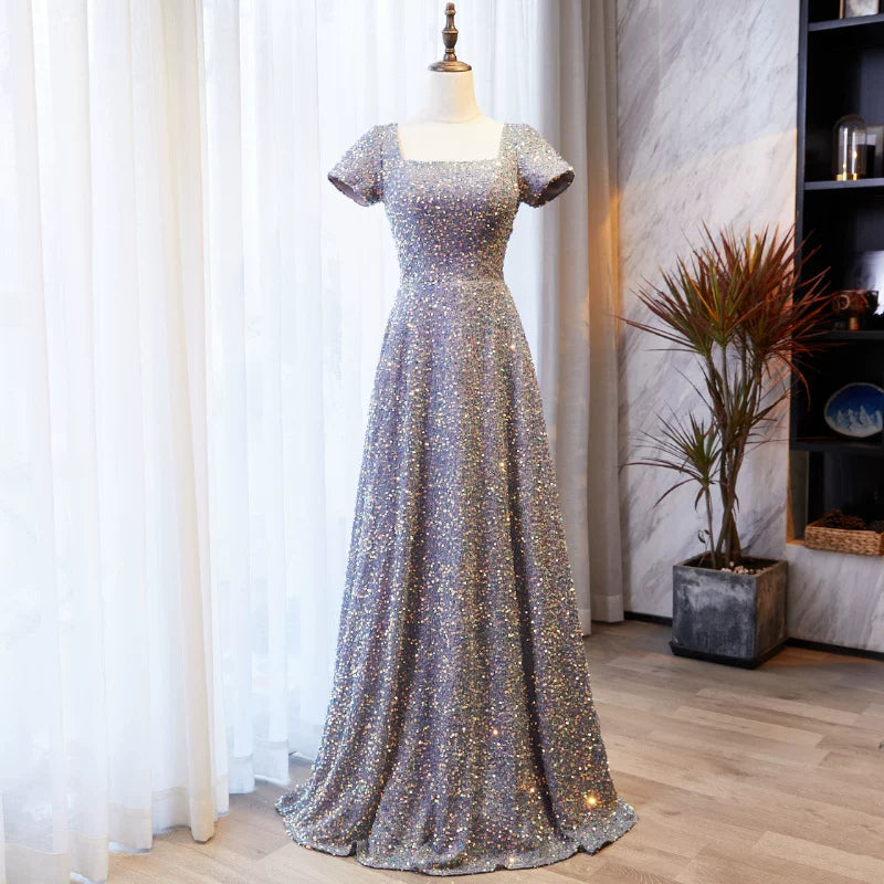 New Tendency Square Neck A-Line Sweet 16th Gowns Sequins Short Sleeve Purple Prom Dress AP5896