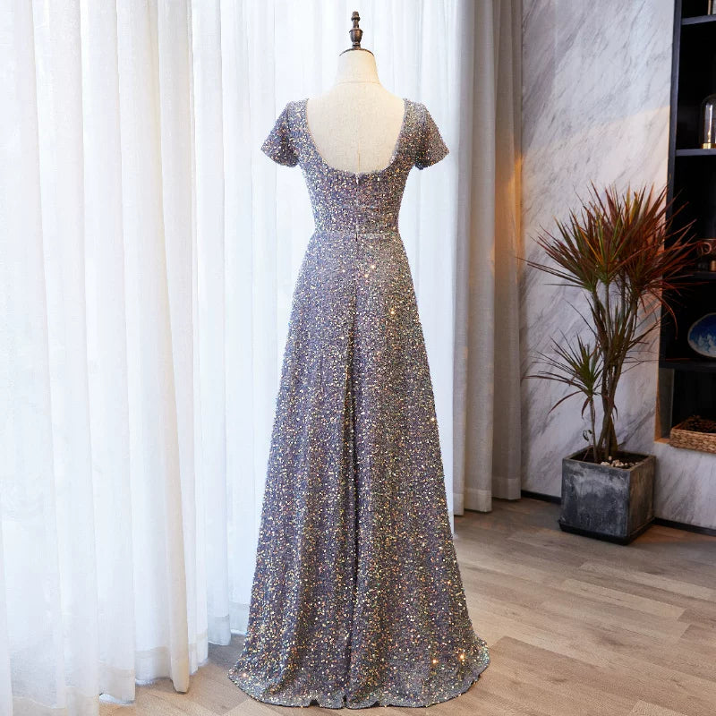 New Tendency Square Neck A-Line Sweet 16th Gowns Sequins Short Sleeve Purple Prom Dress AP5896