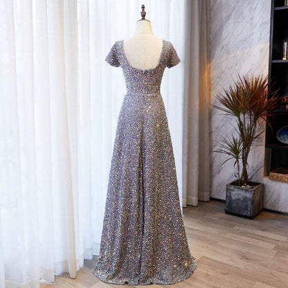 New Tendency Square Neck A-Line Sweet 16th Gowns Sequins Short Sleeve Purple Prom Dress AP5896