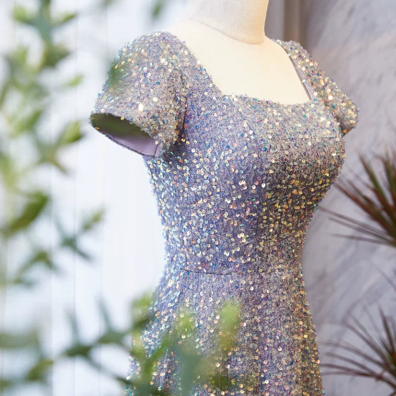 New Tendency Square Neck A-Line Sweet 16th Gowns Sequins Short Sleeve Purple Prom Dress AP5896