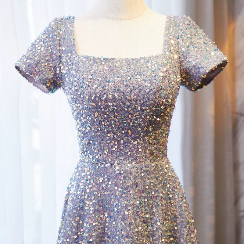 New Tendency Square Neck A-Line Sweet 16th Gowns Sequins Short Sleeve Purple Prom Dress AP5896
