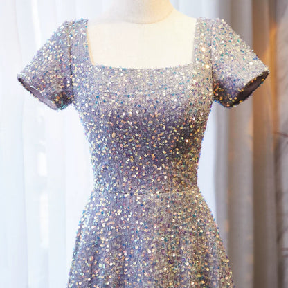 New Tendency Square Neck A-Line Sweet 16th Gowns Sequins Short Sleeve Purple Prom Dress AP5896