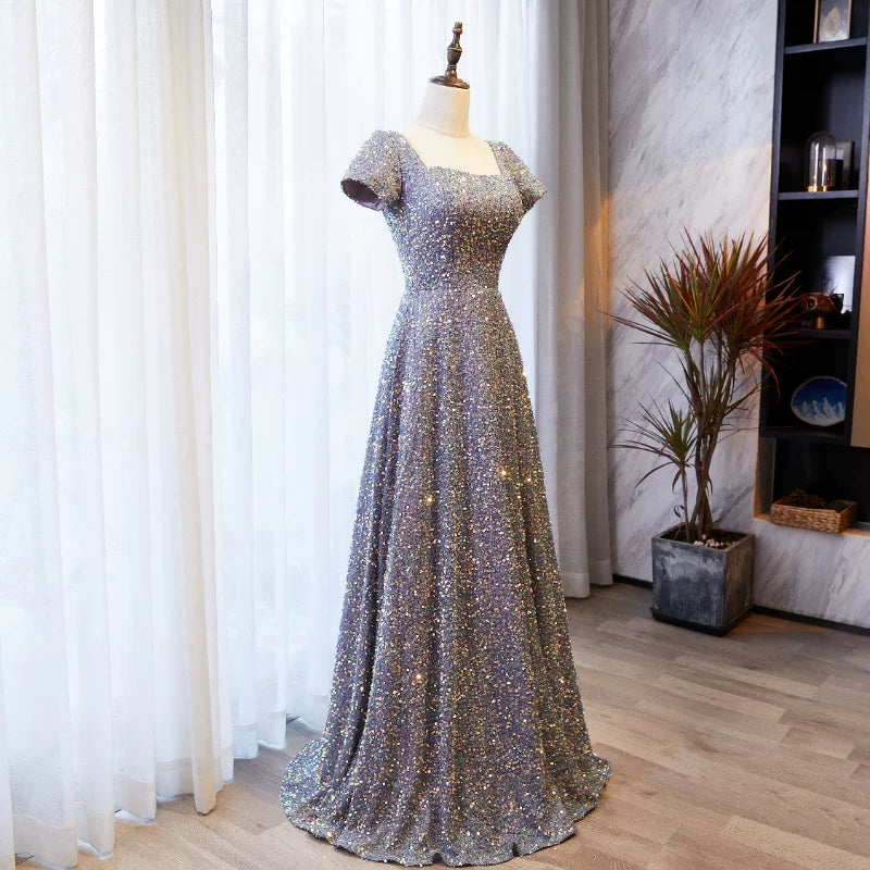 New Tendency Square Neck A-Line Sweet 16th Gowns Sequins Short Sleeve Purple Prom Dress AP5896