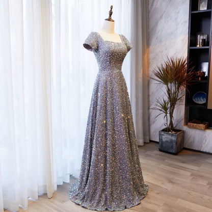 New Tendency Square Neck A-Line Sweet 16th Gowns Sequins Short Sleeve Purple Prom Dress AP5896