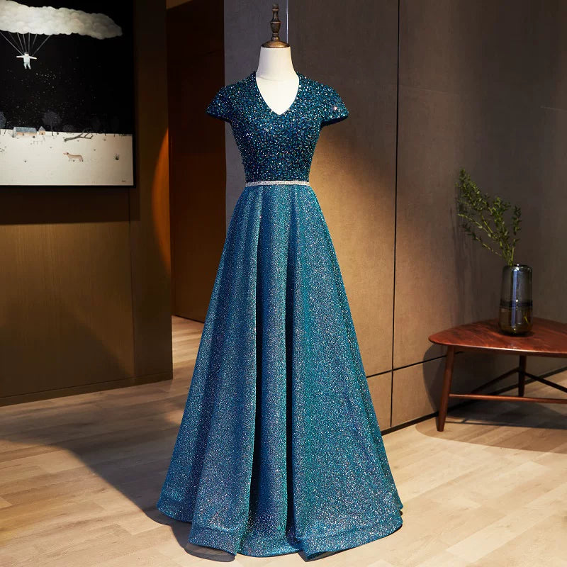 Fairy V Neck A-Line Sweet 16th Gowns Sequins Short Sleeve Beading Waist Prom Dress AP5897