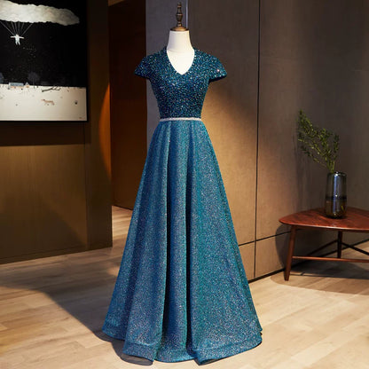 Fairy V Neck A-Line Sweet 16th Gowns Sequins Short Sleeve Beading Waist Prom Dress AP5897