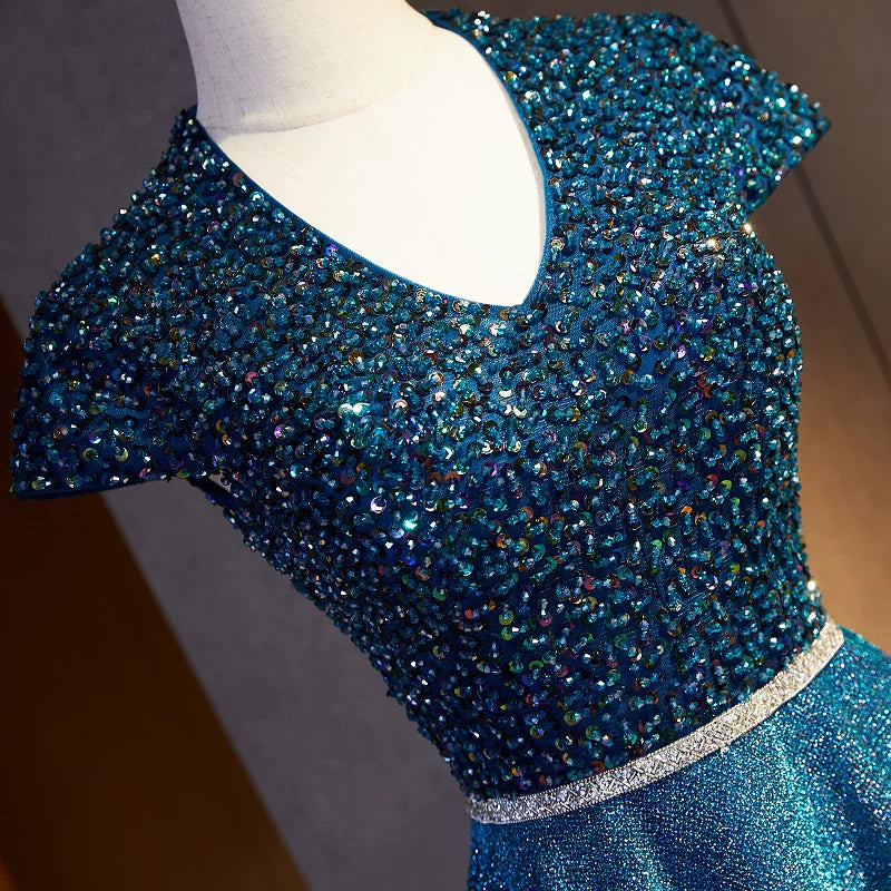 Fairy V Neck A-Line Sweet 16th Gowns Sequins Short Sleeve Beading Waist Prom Dress AP5897
