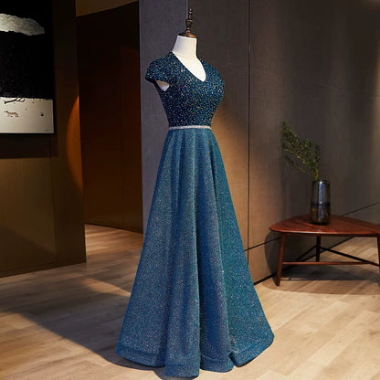 Fairy V Neck A-Line Sweet 16th Gowns Sequins Short Sleeve Beading Waist Prom Dress AP5897