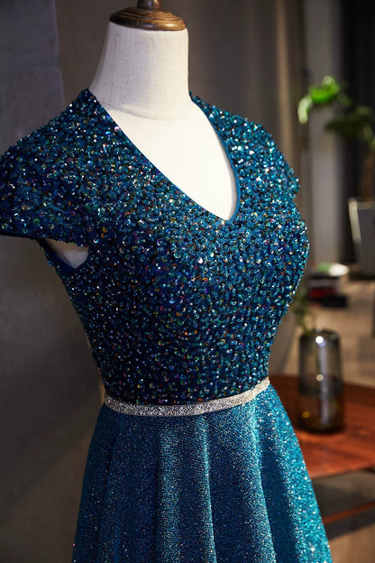 Fairy V Neck A-Line Sweet 16th Gowns Sequins Short Sleeve Beading Waist Prom Dress AP5897