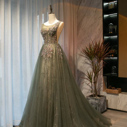 Boho-Inspired Jewel Neck A-Line Sweet 16th Gowns Sequins Crystals Tulle Prom Dress AP5898