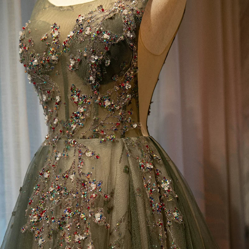 Boho-Inspired Jewel Neck A-Line Sweet 16th Gowns Sequins Crystals Tulle Prom Dress AP5898