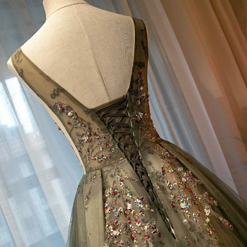 Boho-Inspired Jewel Neck A-Line Sweet 16th Gowns Sequins Crystals Tulle Prom Dress AP5898