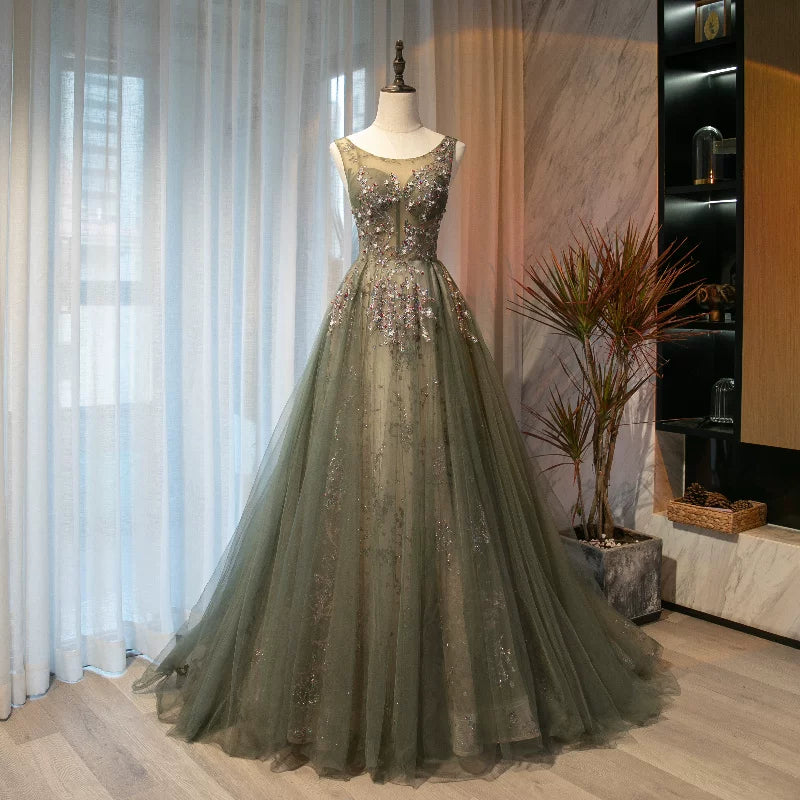 Boho-Inspired Jewel Neck A-Line Sweet 16th Gowns Sequins Crystals Tulle Prom Dress AP5898