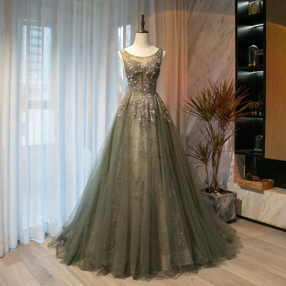 Boho-Inspired Jewel Neck A-Line Sweet 16th Gowns Sequins Crystals Tulle Prom Dress AP5898