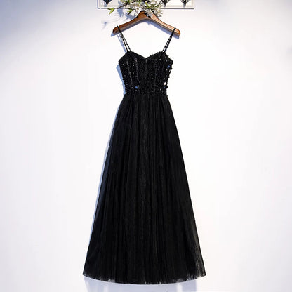 Exquisite A-Line Spaghetti Strap Evening Gowns Sequins Black Tulle Prom Dress AP5899