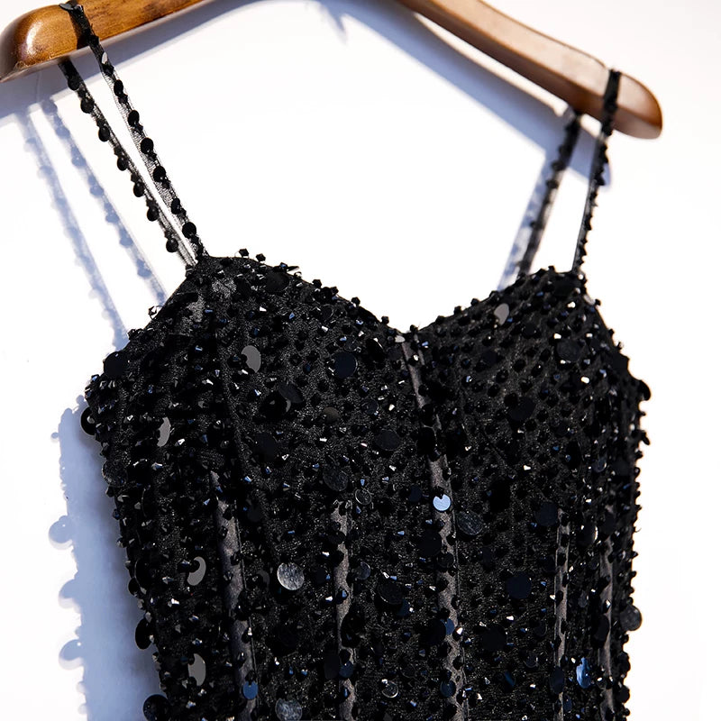 Exquisite A-Line Spaghetti Strap Evening Gowns Sequins Black Tulle Prom Dress AP5899